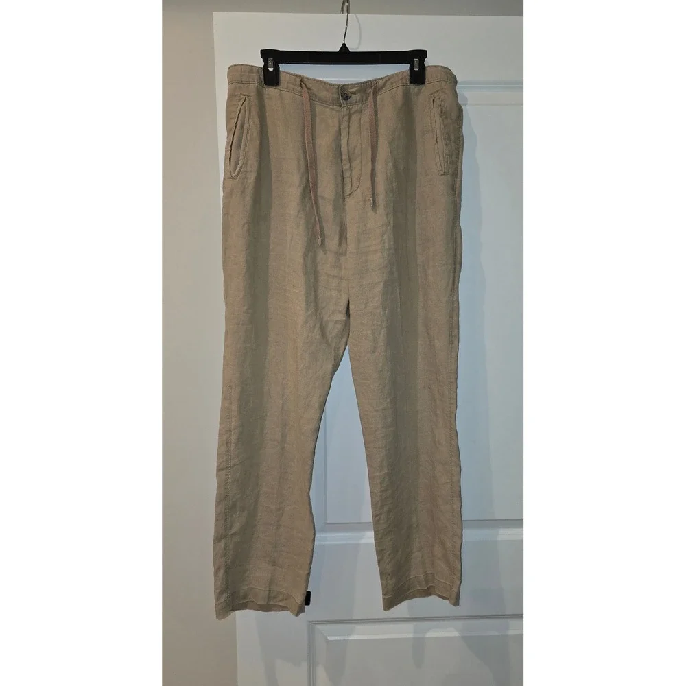 Tasso Elba Island Mens 34x32 Tan 100% Linen Drawstring Straight Leg Pants Khaki